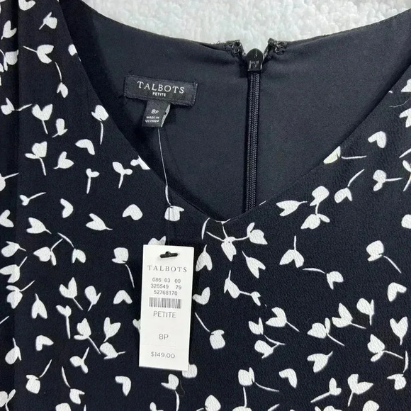 Talbots Black MIDI Dress SZ 8 Long Sleeve White Print Fit Flare Silhouette Flowy - Picture 13 of 16